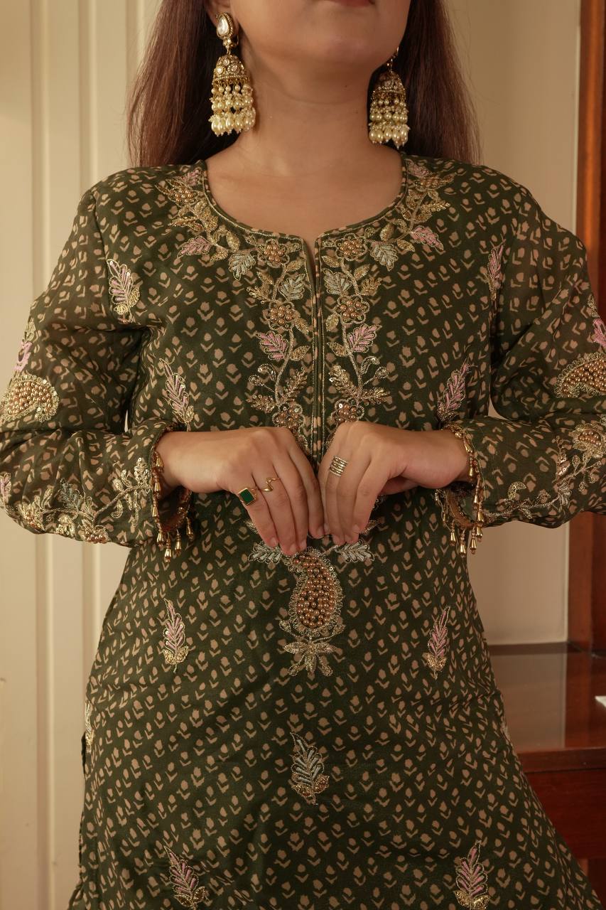 Mehndi printed chinon embroidery work kurti sharara and dupatta