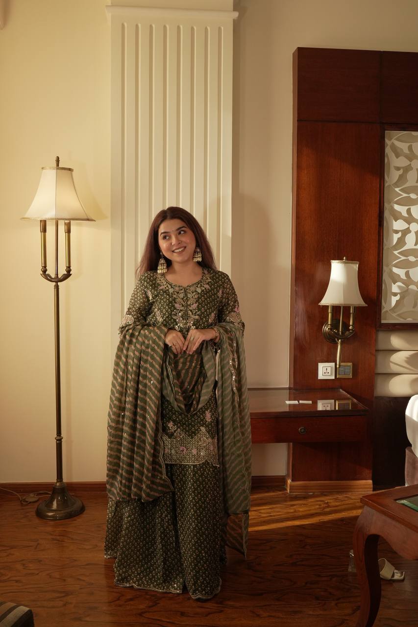 Mehndi printed chinon embroidery work kurti sharara and dupatta