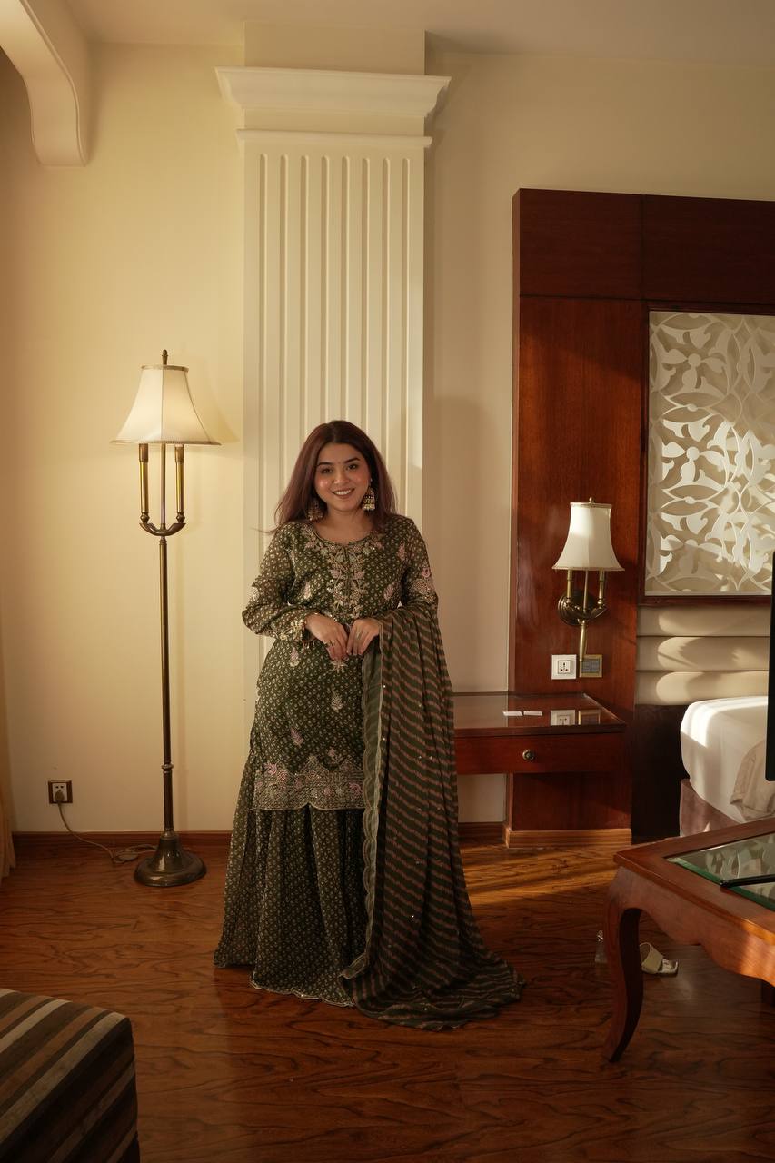 Mehndi printed chinon embroidery work kurti sharara and dupatta