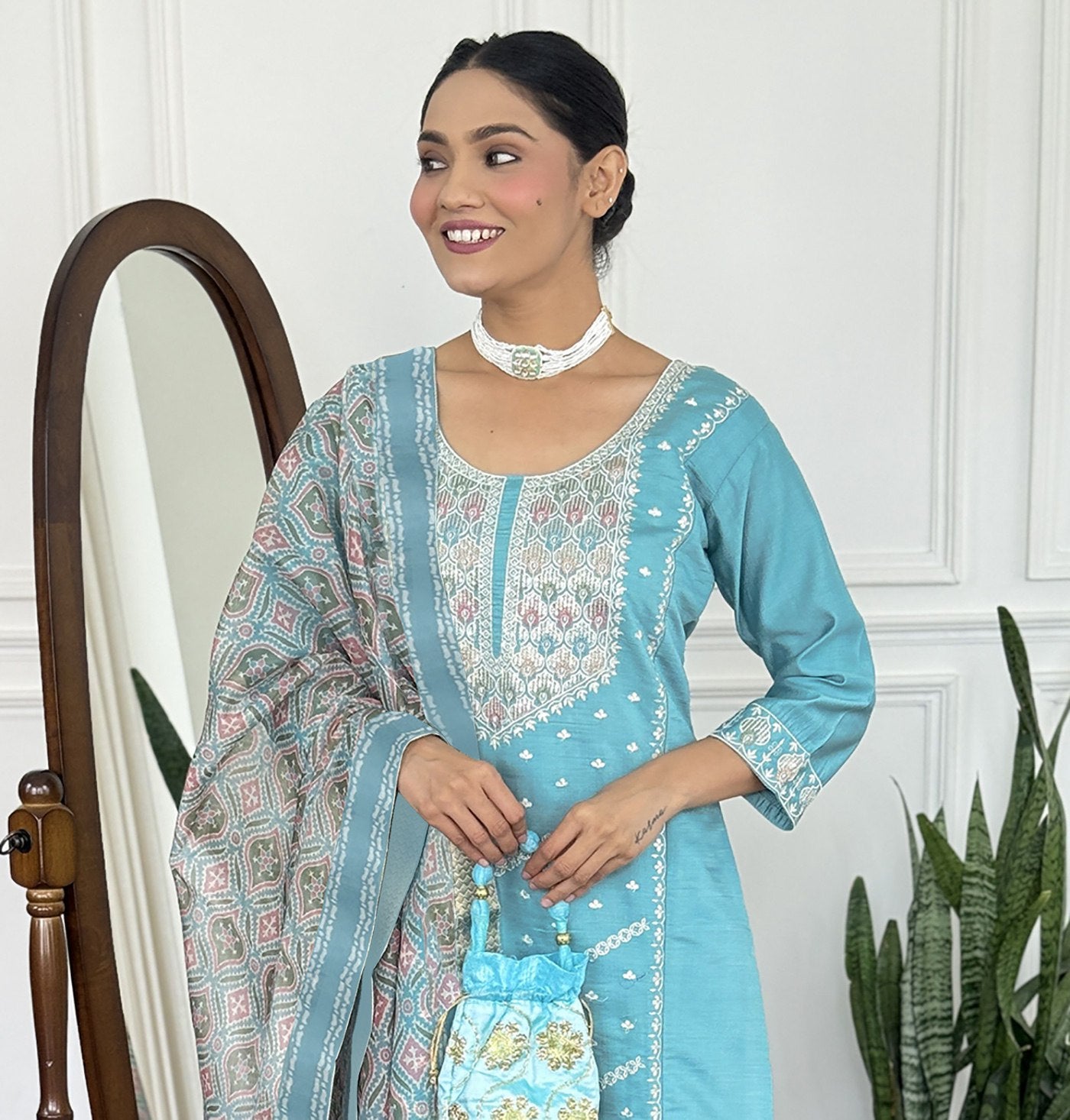 Sky blue vichitra embroidered women’s kurta pent dupatta set