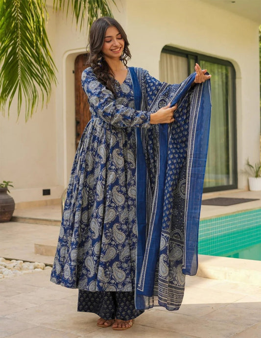 Blue rayon slub printed anarkali pent dupatta set