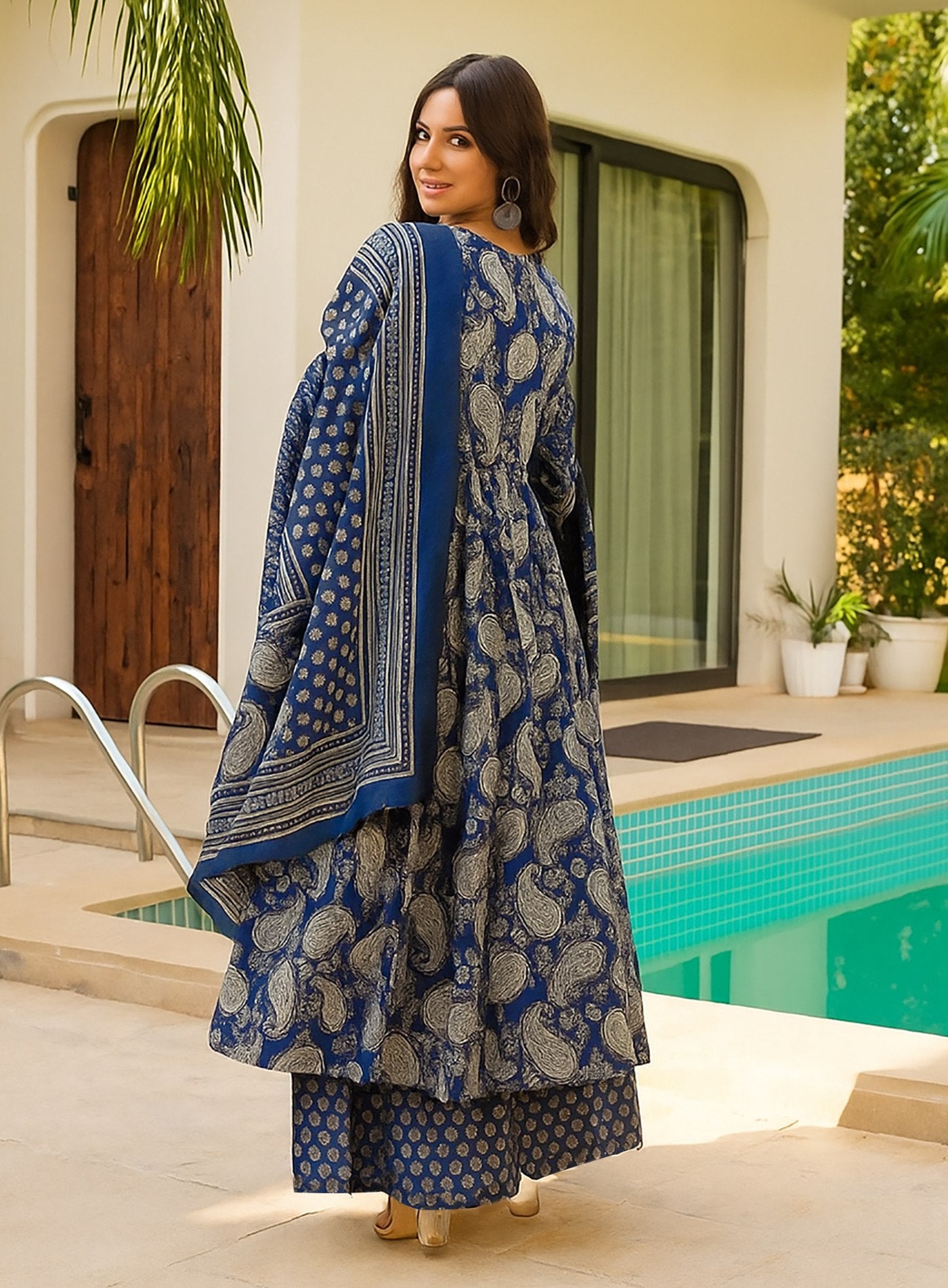 Blue rayon slub printed anarkali pent dupatta set
