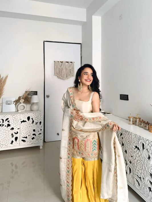 Cream chinnon silk thread & sequence work top-sharara and dupatta set