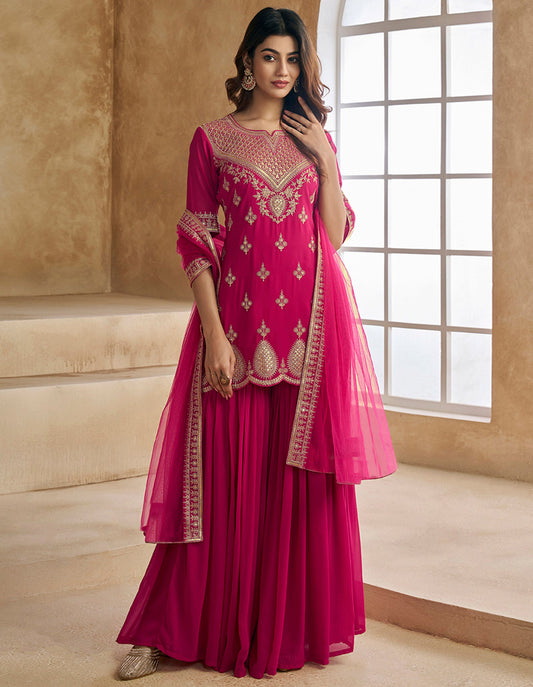 Pink georgette embroidered kurta sharara dupatta set