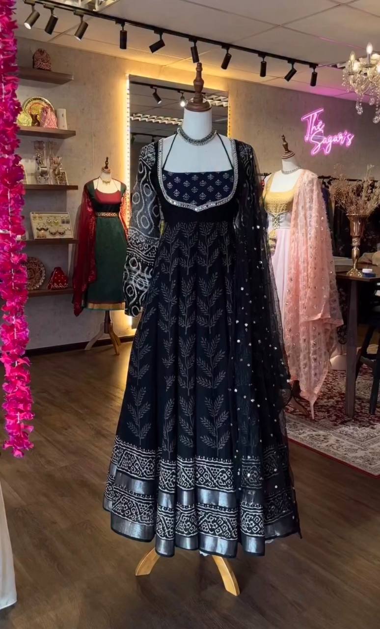 Black Pure chinon silk with digital print work Gown, Pants and Dupatta