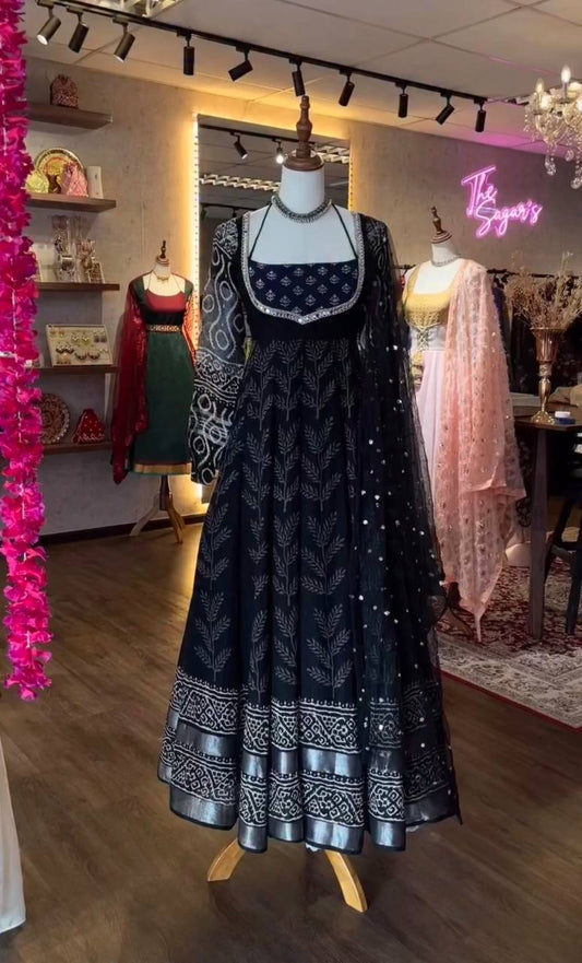 Black Pure chinon silk with digital print work Gown, Pants and Dupatta