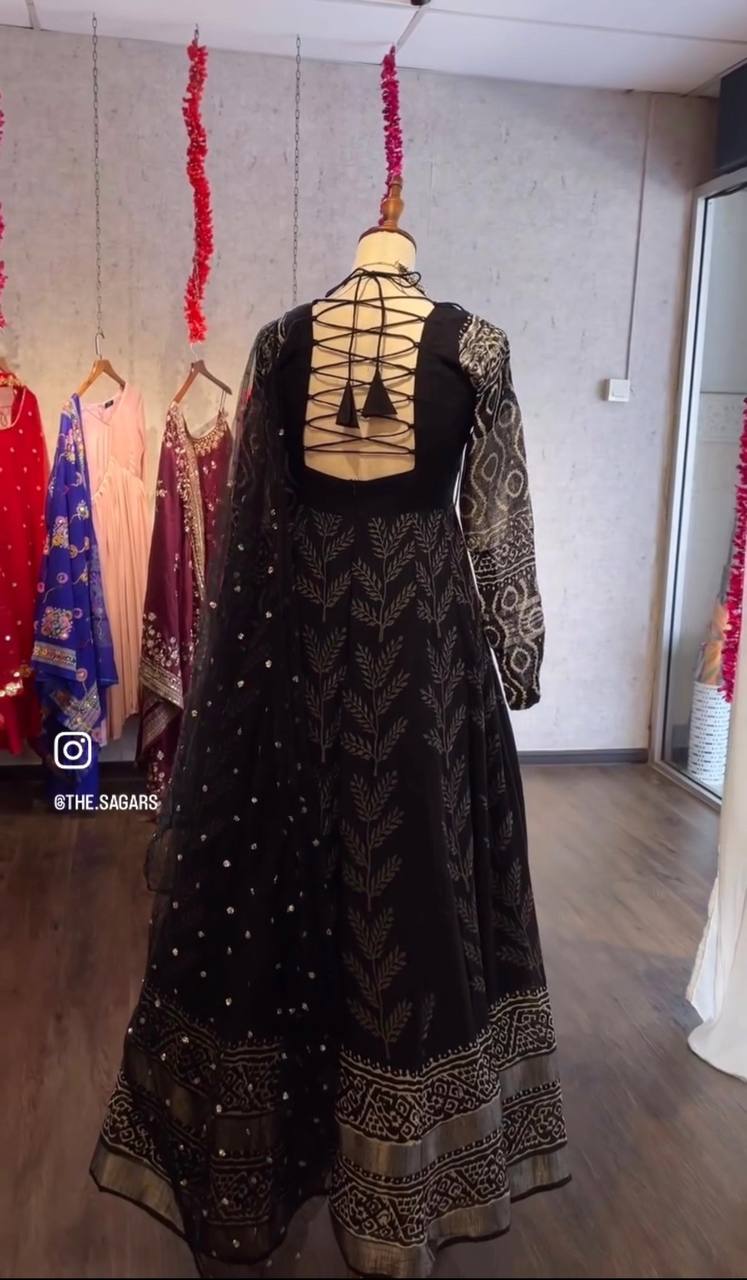 Black Pure chinon silk with digital print work Gown, Pants and Dupatta