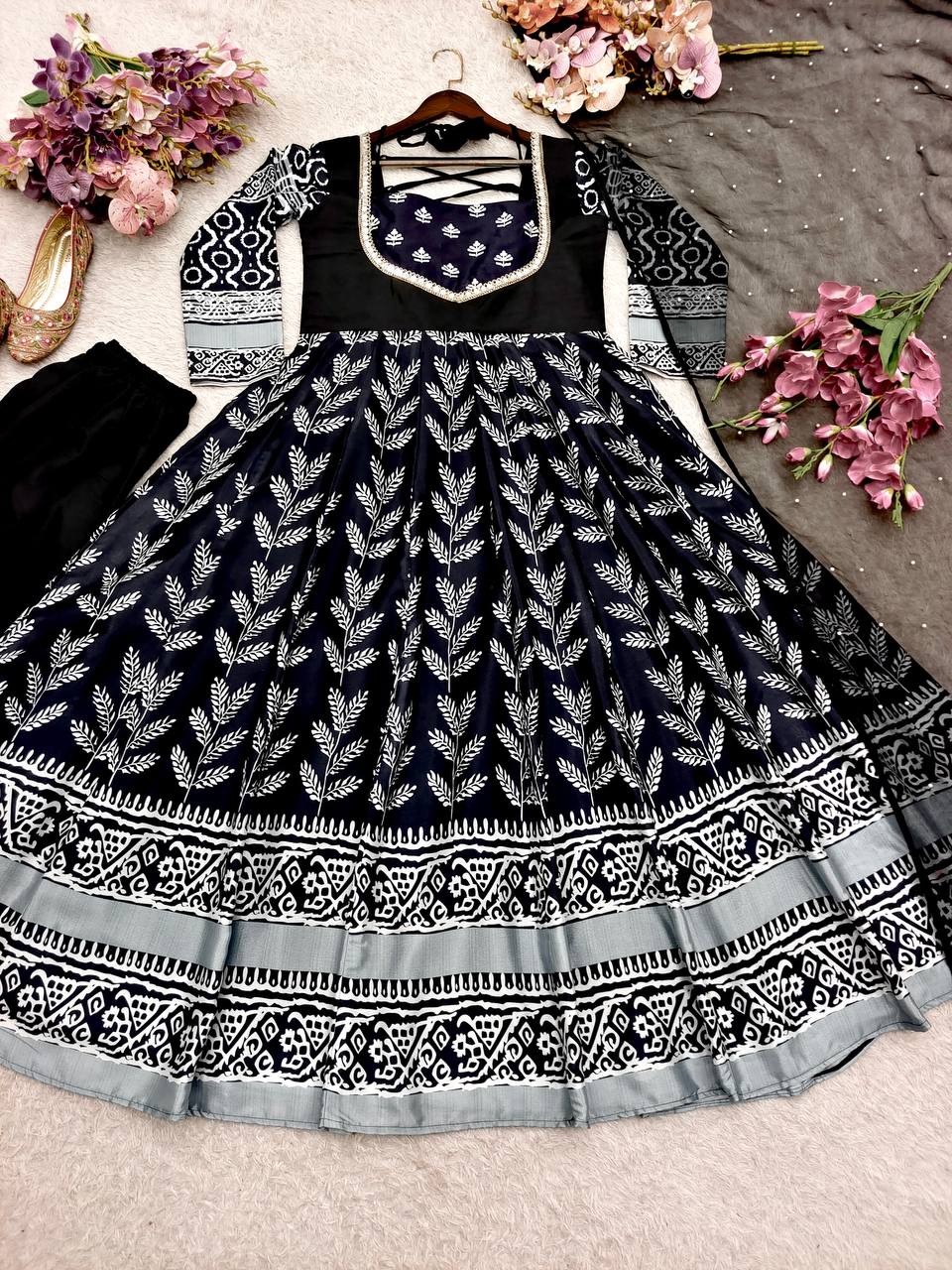 Black Pure chinon silk with digital print work Gown, Pants and Dupatta