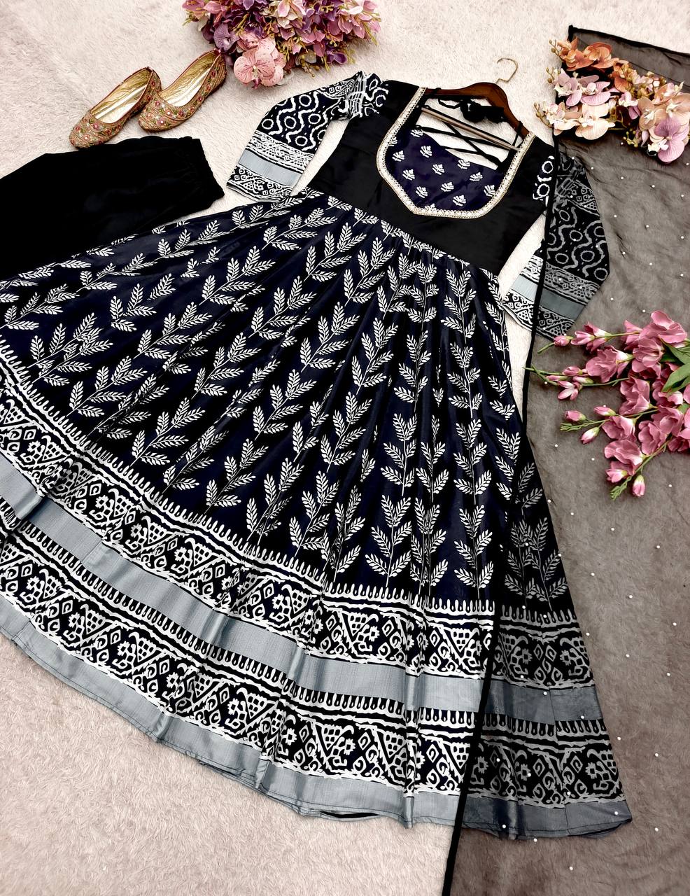 Black Pure chinon silk with digital print work Gown, Pants and Dupatta