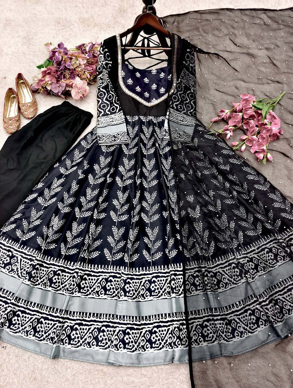 Black Pure chinon silk with digital print work Gown, Pants and Dupatta