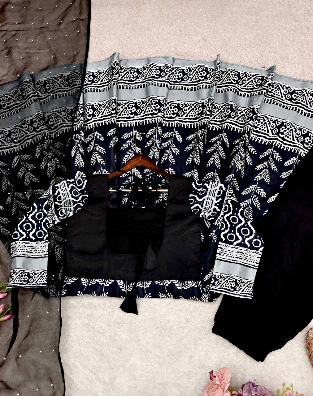 Black Pure chinon silk with digital print work Gown, Pants and Dupatta