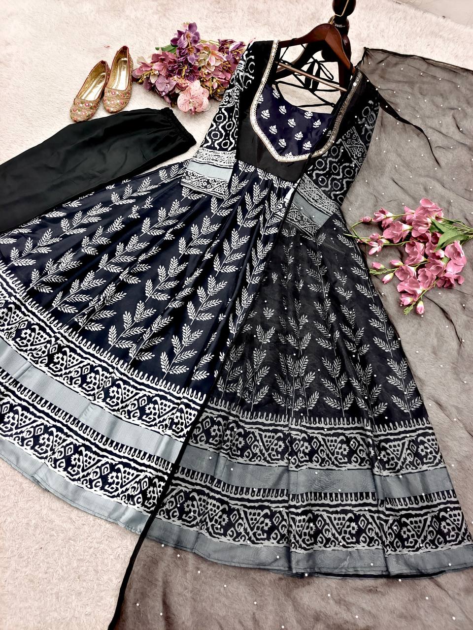 Black Pure chinon silk with digital print work Gown, Pants and Dupatta