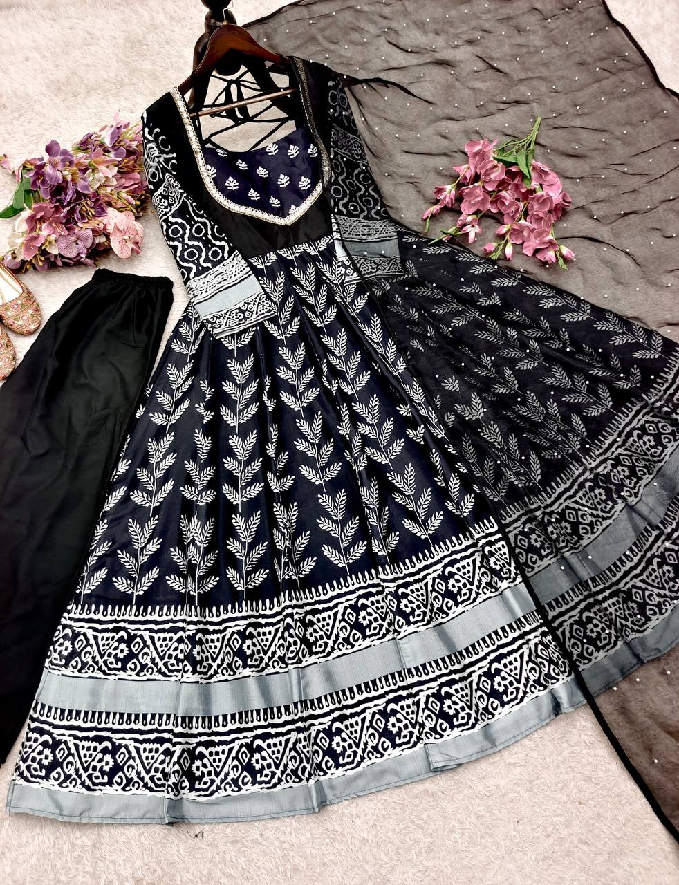 Black Pure chinon silk with digital print work Gown, Pants and Dupatta