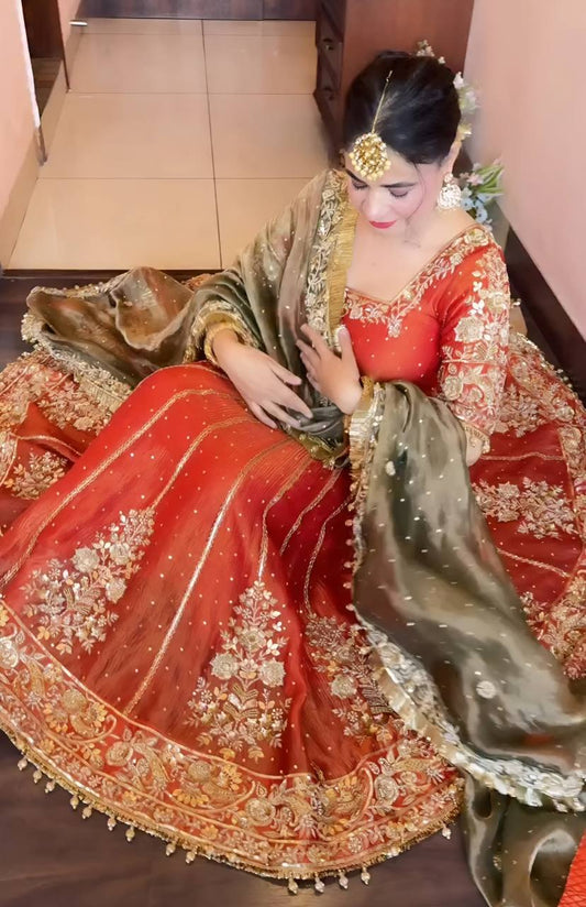 Orange fandy satin with embroidery zari with sequins work anarkali suit