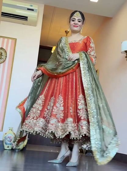 Orange fandy satin with embroidery zari with sequins work anarkali suit