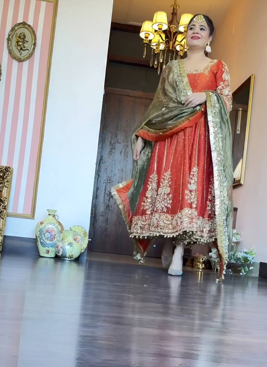 Orange fandy satin with embroidery zari with sequins work anarkali suit
