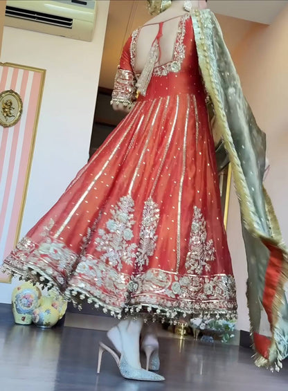 Orange fandy satin with embroidery zari with sequins work anarkali suit
