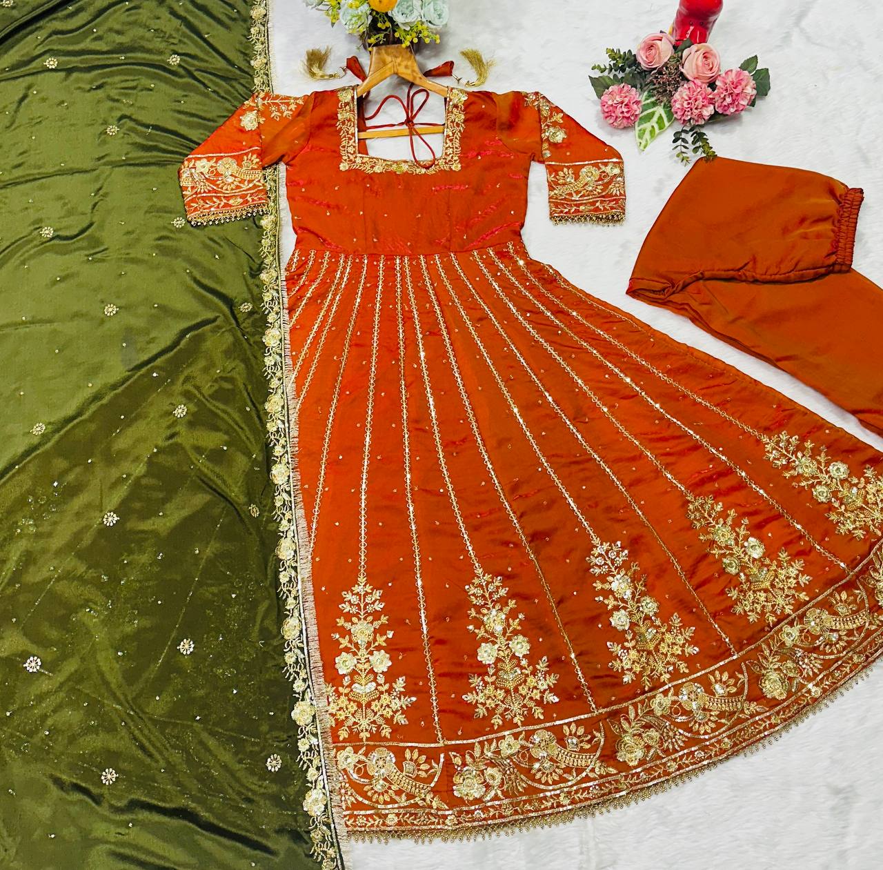 Orange fandy satin with embroidery zari with sequins work anarkali suit