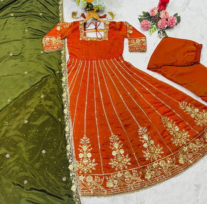 Orange fandy satin with embroidery zari with sequins work anarkali suit