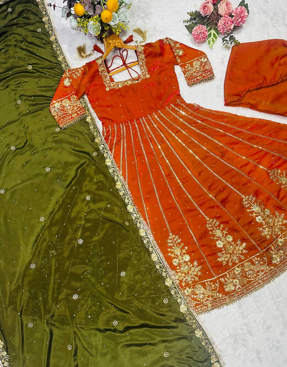 Orange fandy satin with embroidery zari with sequins work anarkali suit