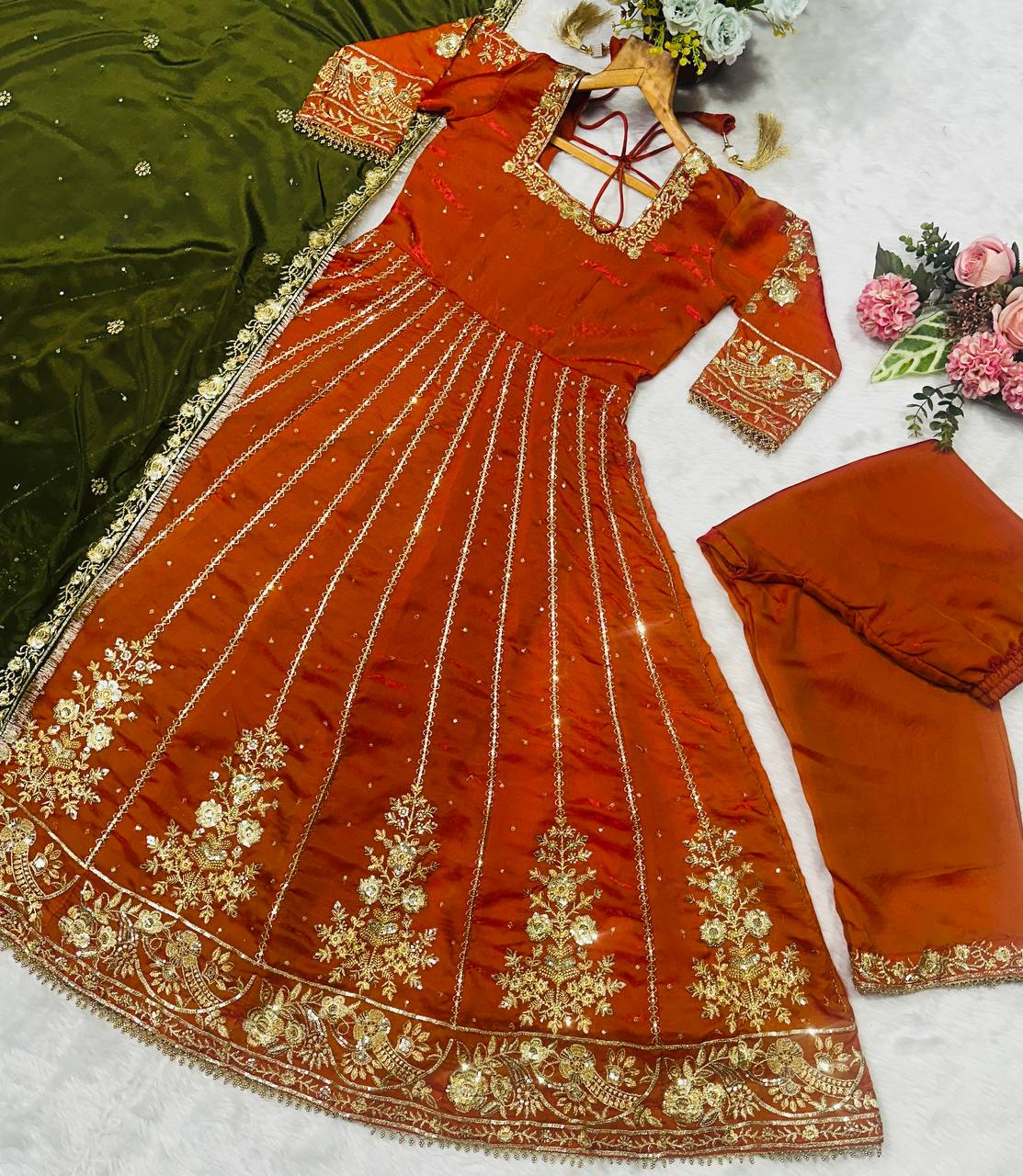 Orange fandy satin with embroidery zari with sequins work anarkali suit