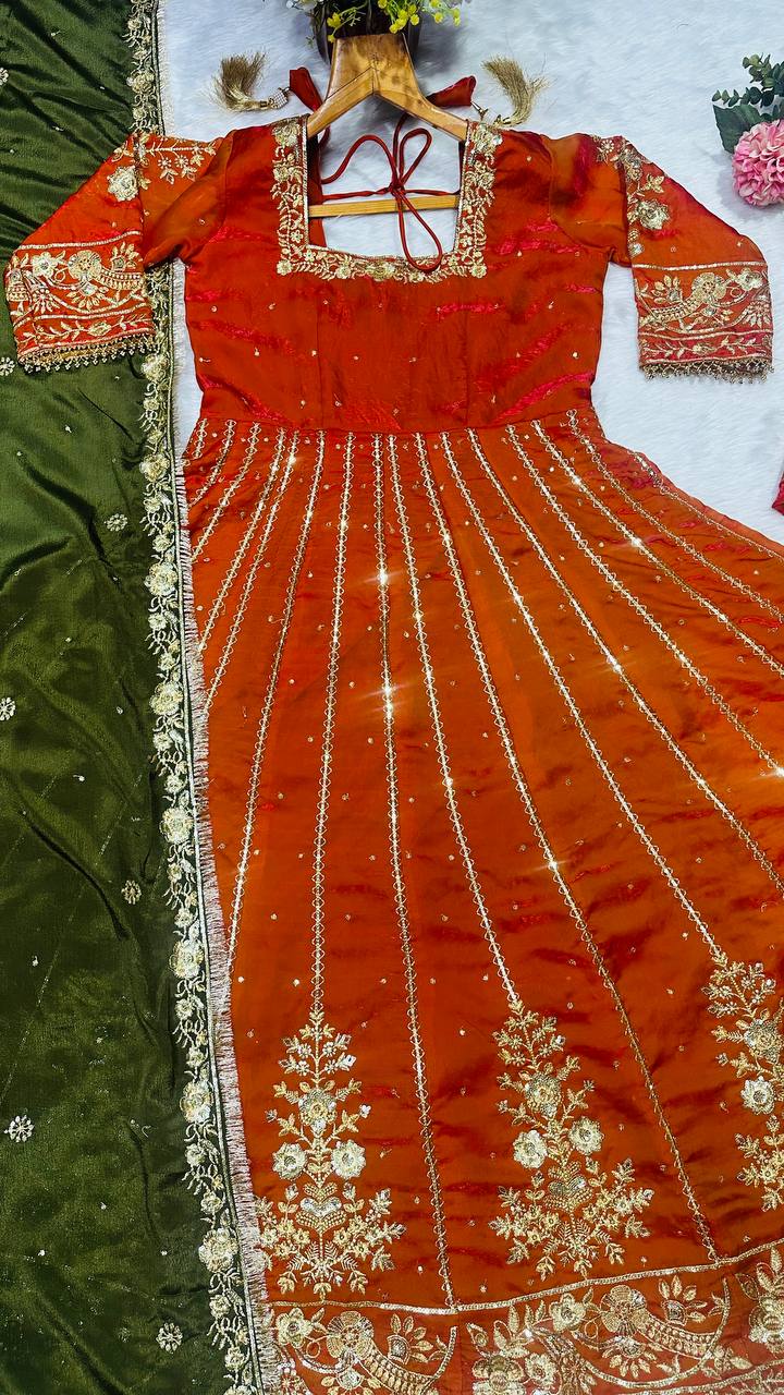 Orange fandy satin with embroidery zari with sequins work anarkali suit