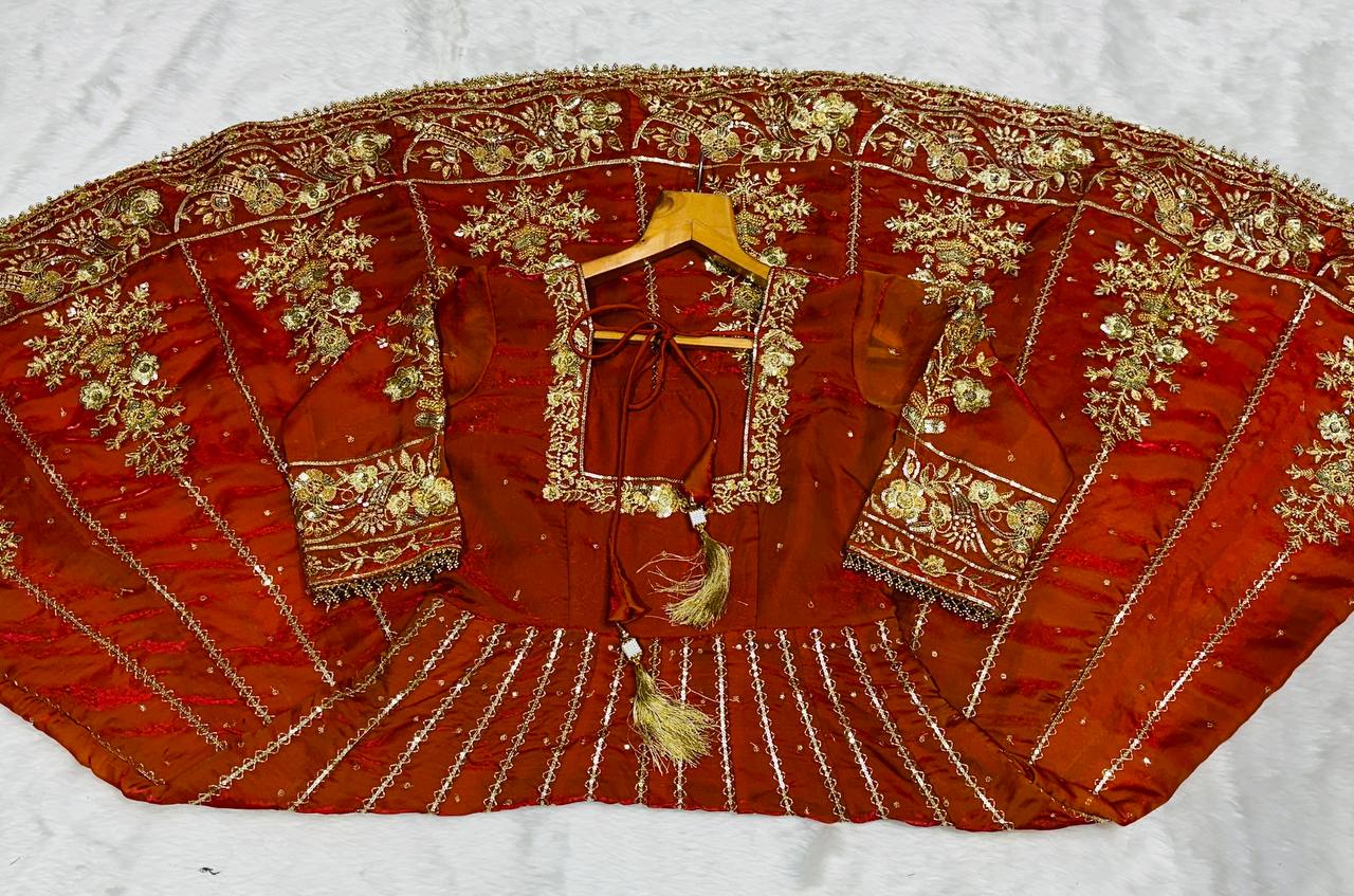 Orange fandy satin with embroidery zari with sequins work anarkali suit