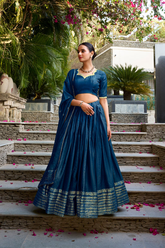Navy blue pure chanderi zari weaving work border lehenga, blouse and dupatta