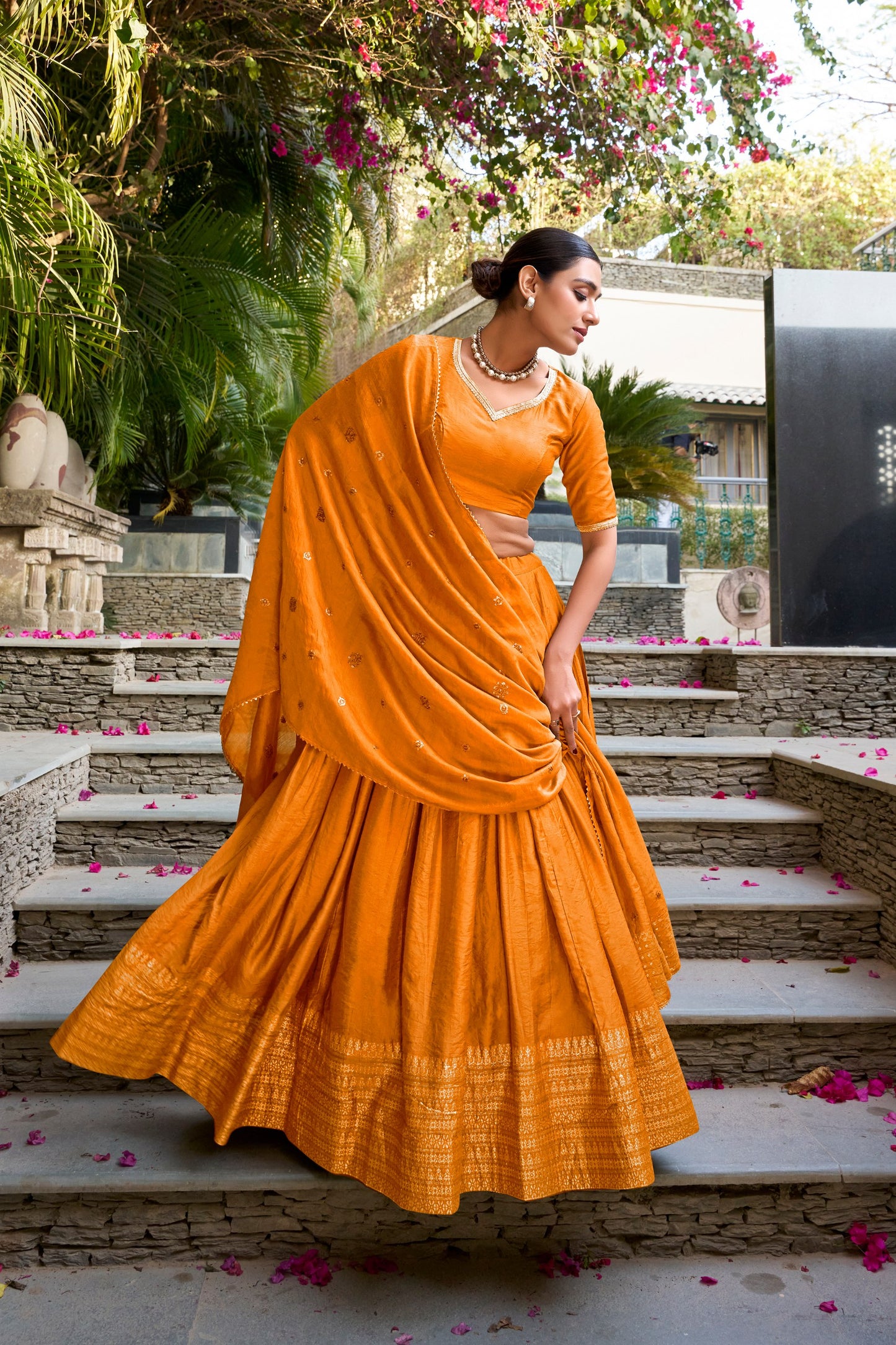 Dark Yellow pure chanderi zari weaving work border lehenga, blouse and dupatta