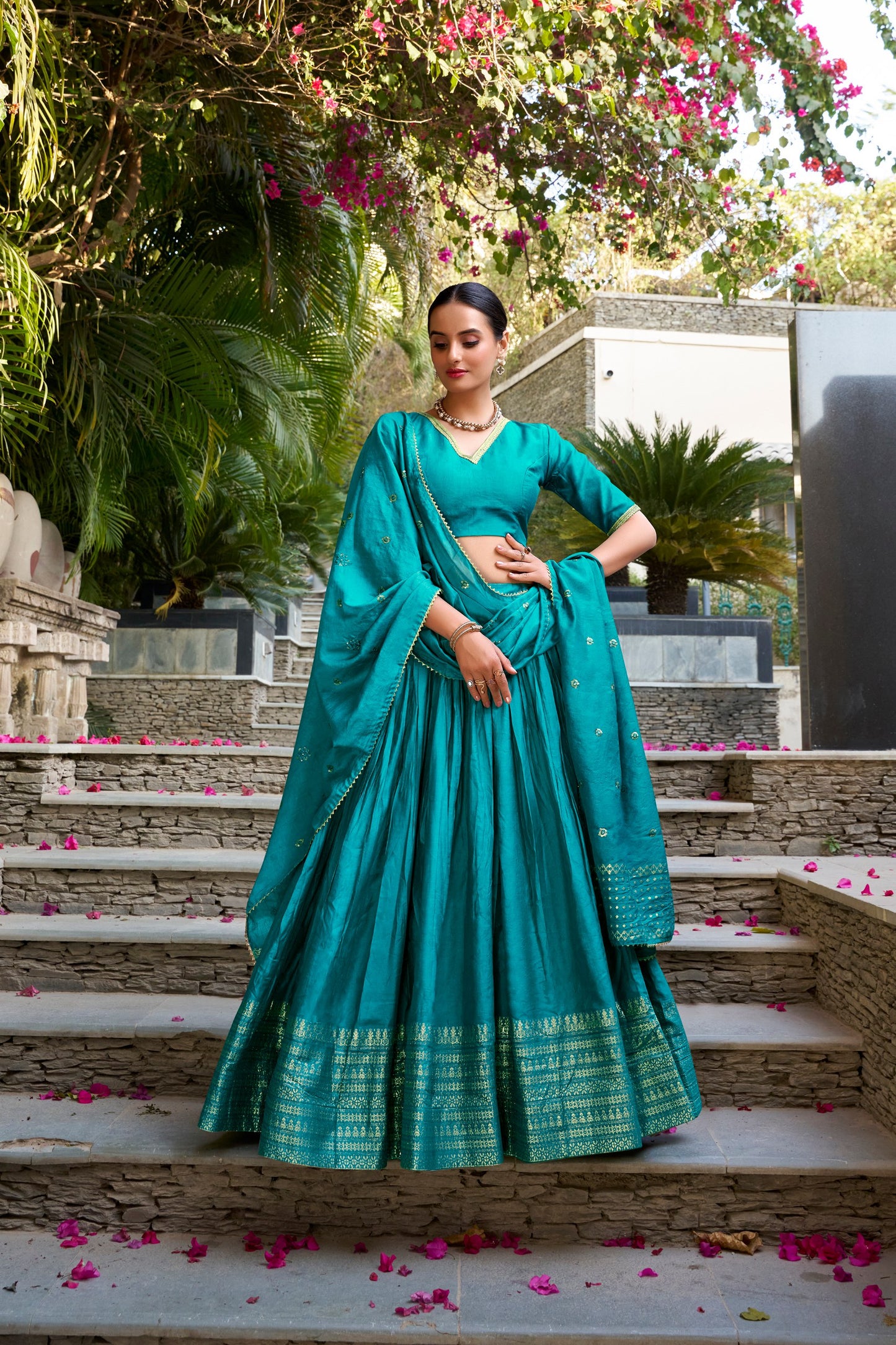 Blue pure chanderi zari weaving work border lehenga, blouse and dupatta
