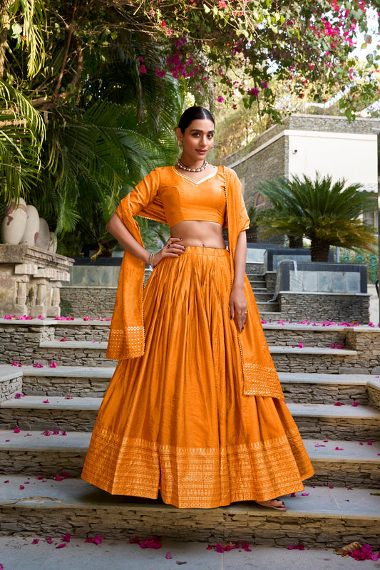 Dark Yellow pure chanderi zari weaving work border lehenga, blouse and dupatta