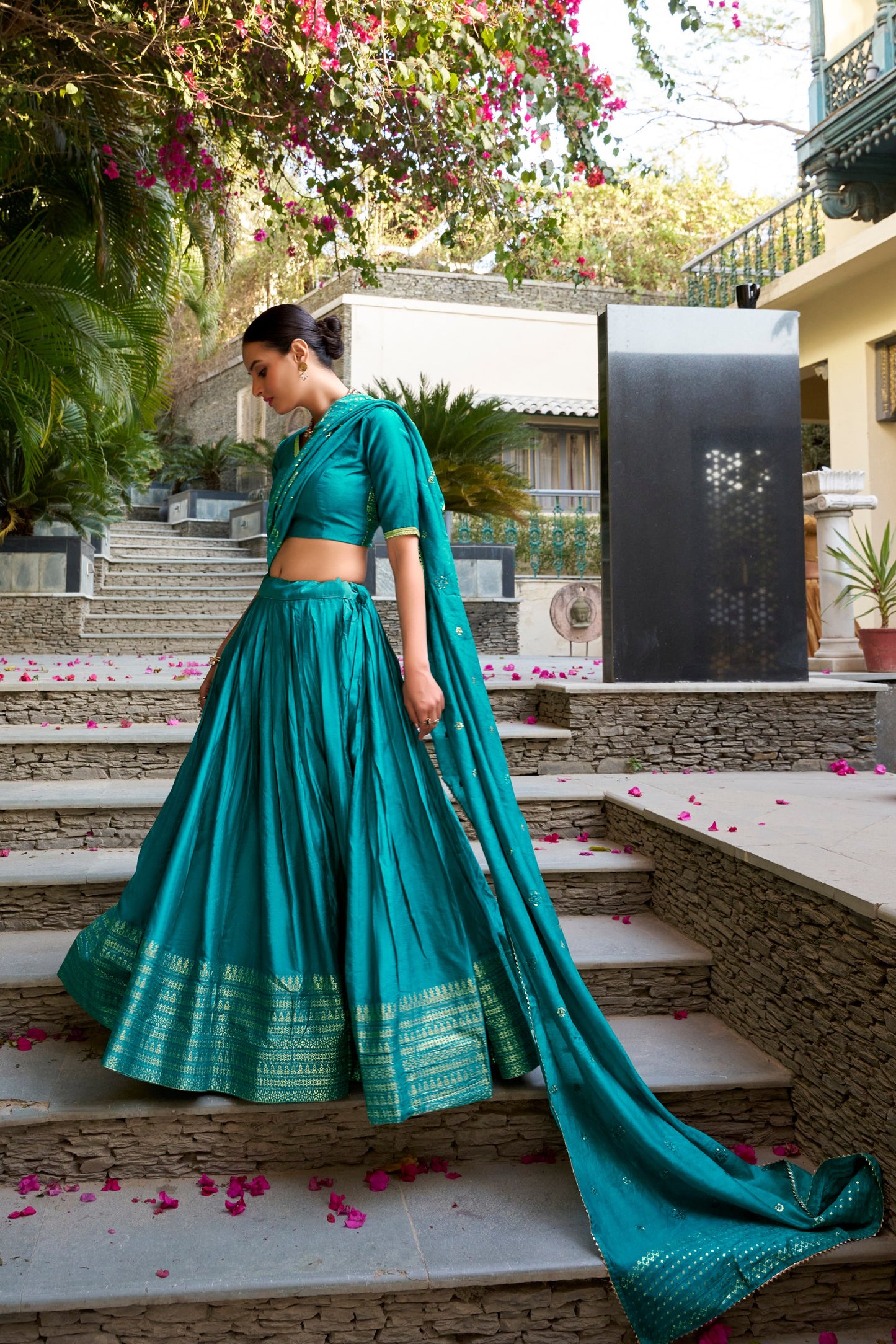 Blue pure chanderi zari weaving work border lehenga, blouse and dupatta