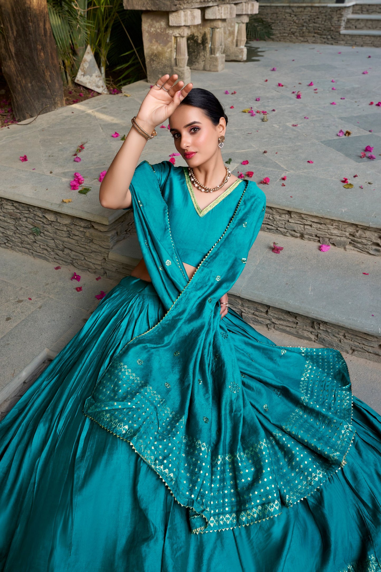 Blue pure chanderi zari weaving work border lehenga, blouse and dupatta