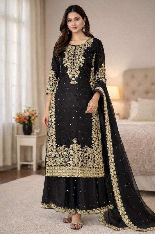 Black pure gmy silk with heavy embroidery work top-bottom and dupatta Set