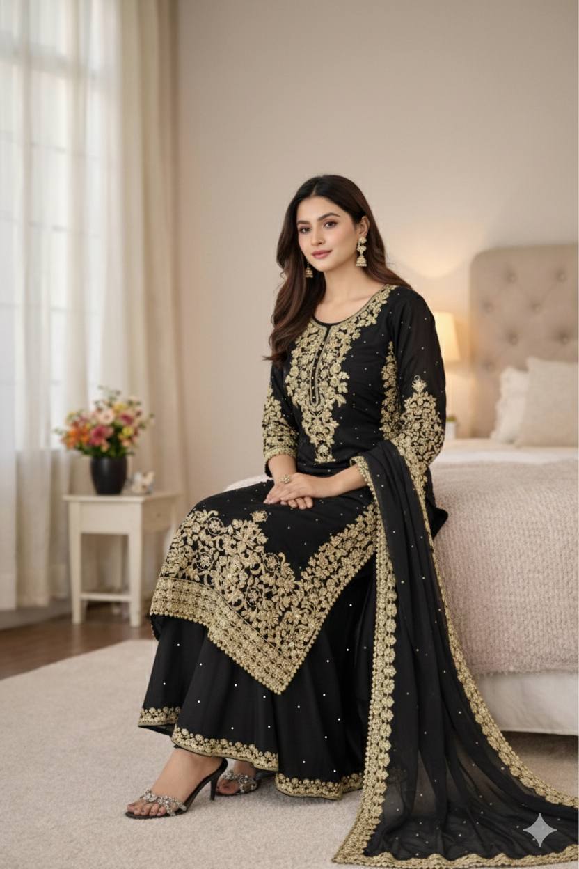 Black pure gmy silk with heavy embroidery work top-bottom and dupatta Set