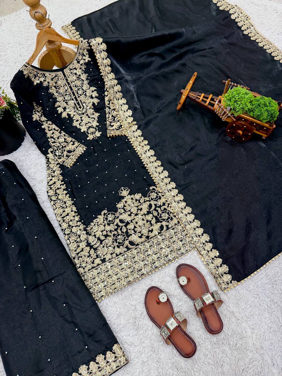 Black pure gmy silk with heavy embroidery work top-bottom and dupatta Set