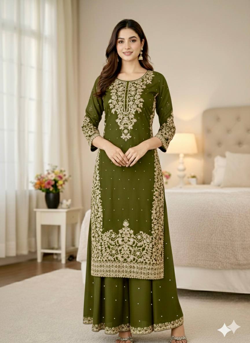 Mehndi pure gmy silk with heavy embroidery work top-bottom and dupatta set