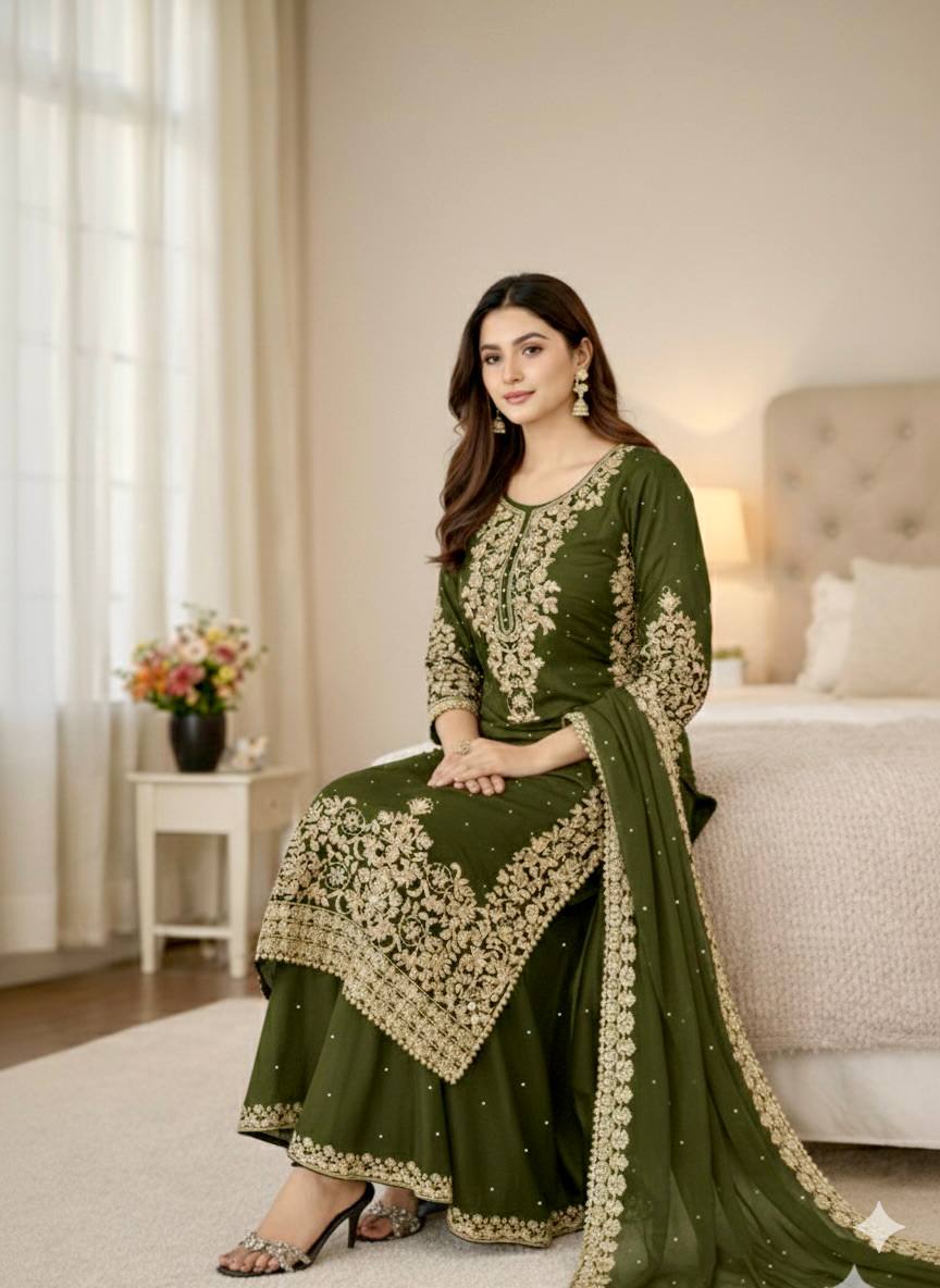 Mehndi pure gmy silk with heavy embroidery work top-bottom and dupatta set