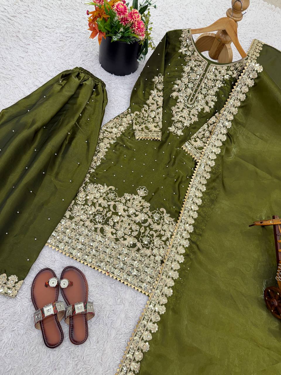 Mehndi pure gmy silk with heavy embroidery work top-bottom and dupatta set