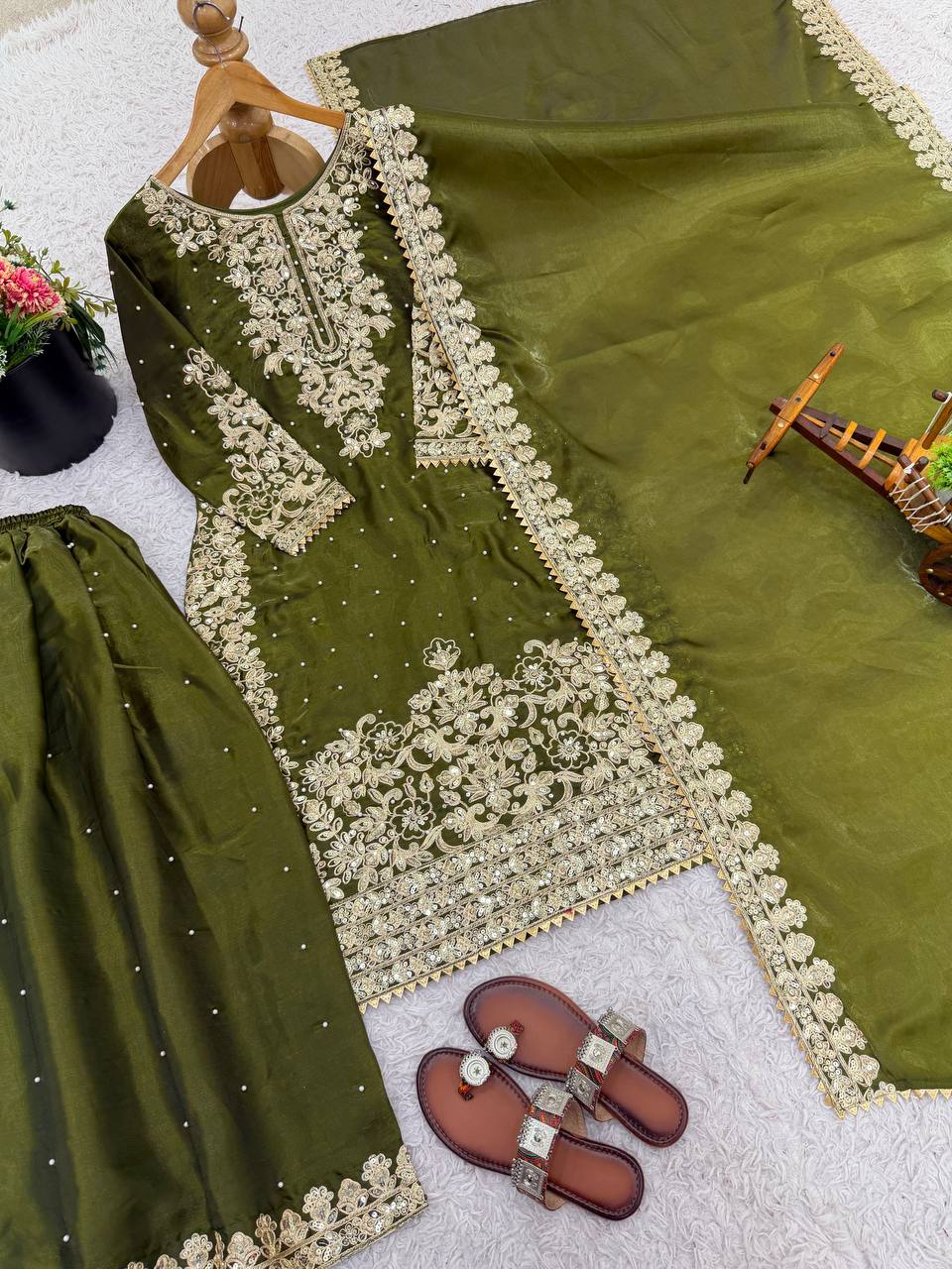 Mehndi pure gmy silk with heavy embroidery work top-bottom and dupatta set