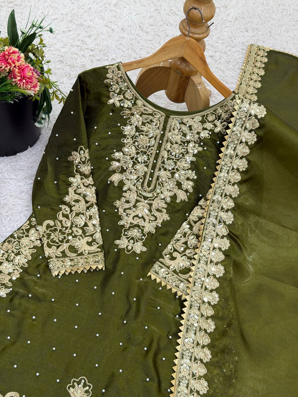 Mehndi pure gmy silk with heavy embroidery work top-bottom and dupatta set