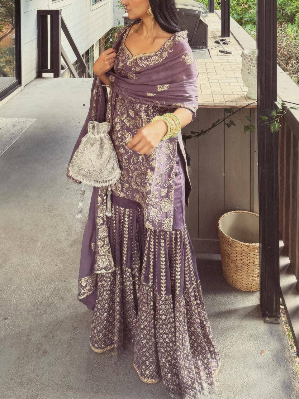 Purple chinon silk sequence embroidery work top Sharara & Dupatta Set