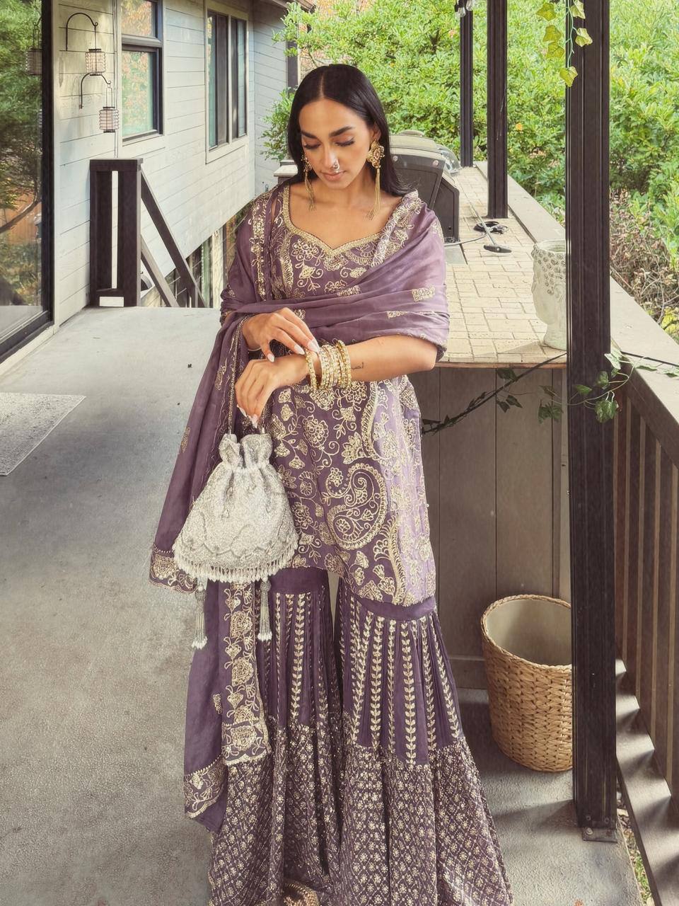 Purple chinon silk sequence embroidery work top Sharara & Dupatta Set