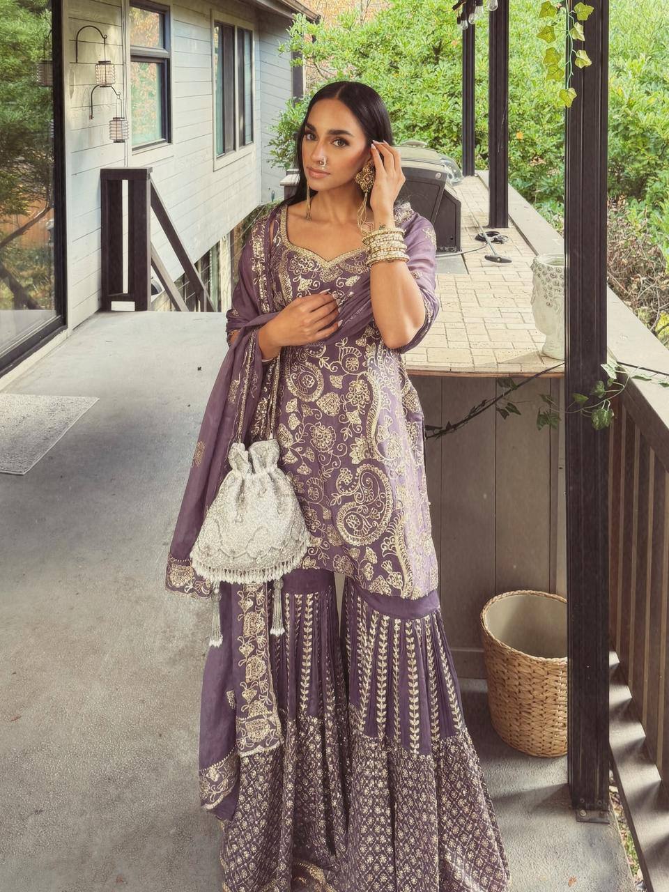Purple chinon silk sequence embroidery work top Sharara & Dupatta Set