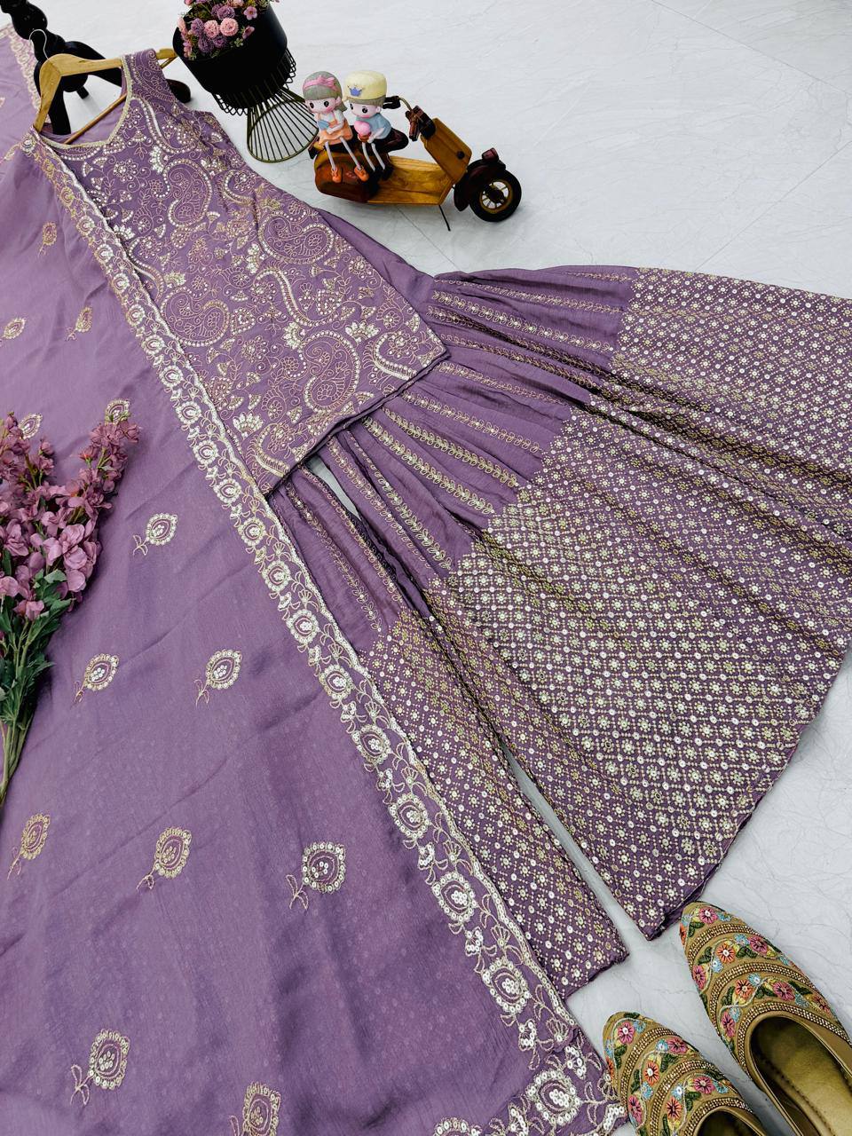 Purple chinon silk sequence embroidery work top Sharara & Dupatta Set
