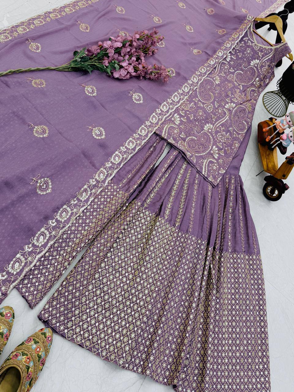 Purple chinon silk sequence embroidery work top Sharara & Dupatta Set