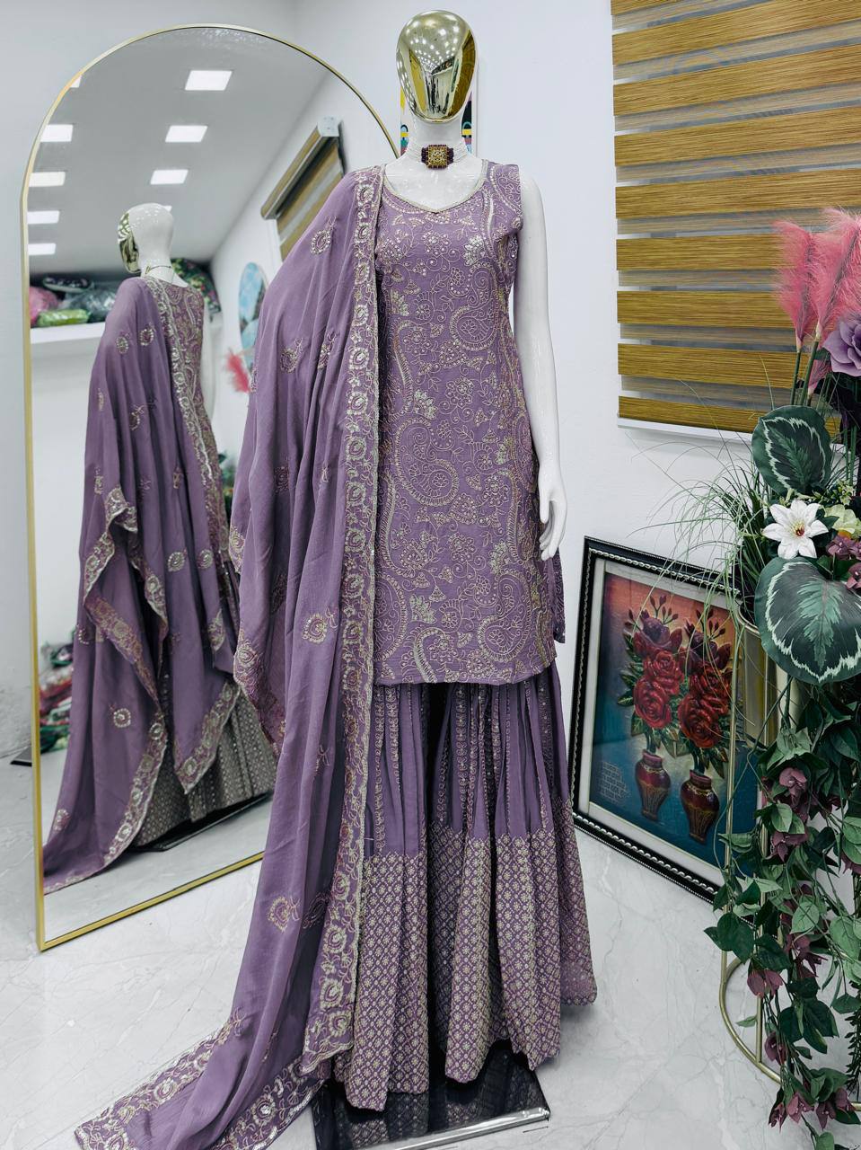 Purple chinon silk sequence embroidery work top Sharara & Dupatta Set