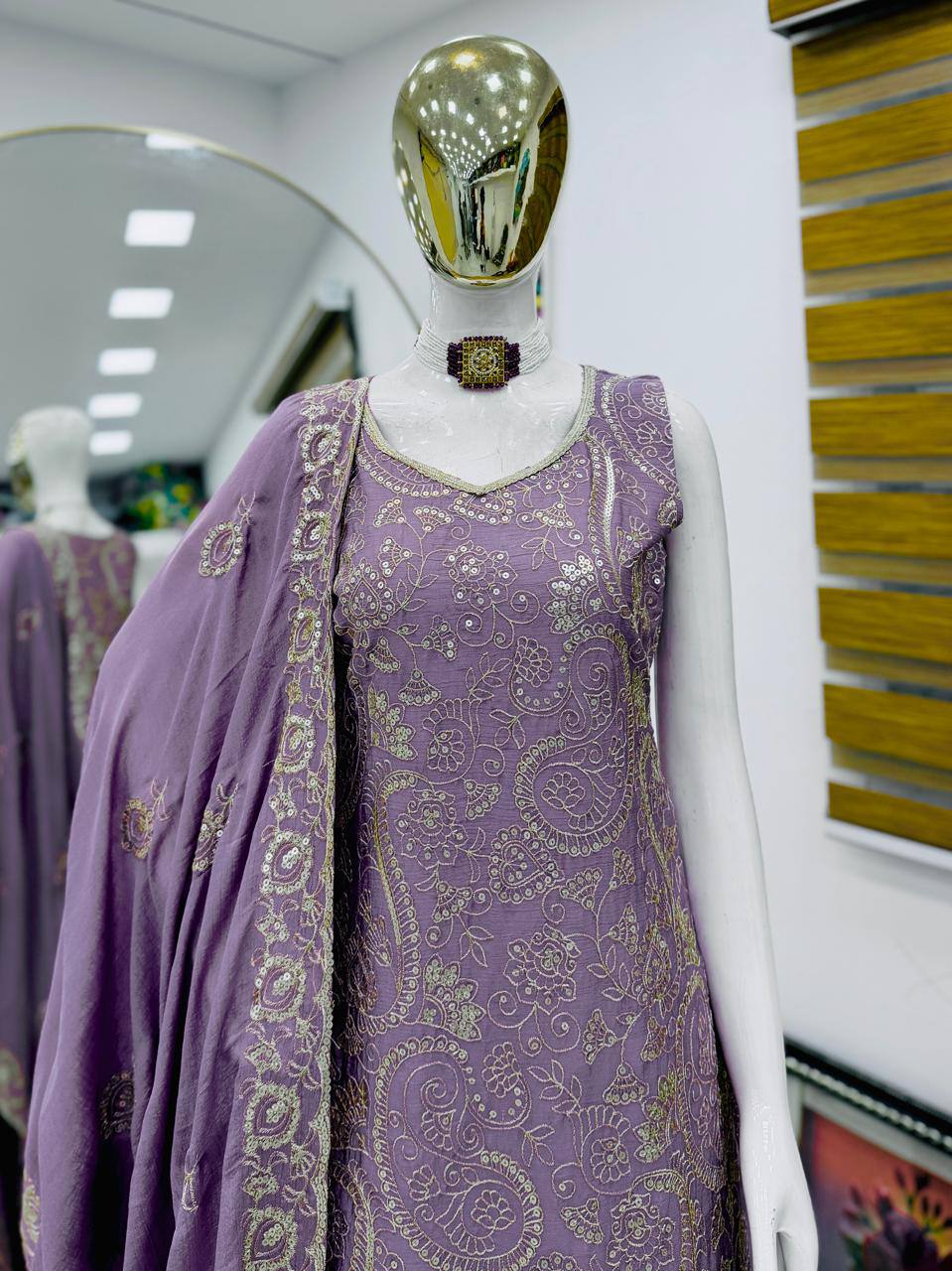 Purple chinon silk sequence embroidery work top Sharara & Dupatta Set