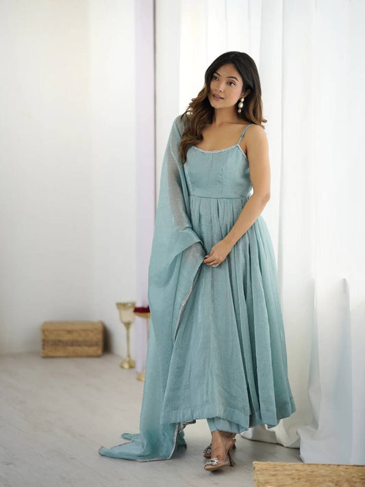 Blue crunch silk hot fixing work top-pant and dupatta set