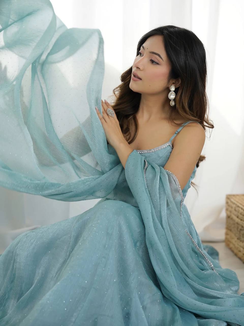 Blue crunch silk hot fixing work top-pant and dupatta set